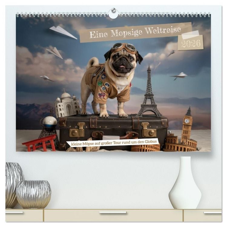 Produktbild: Eine Mopsige Weltreise (hochwertiger Premium Wandkalender 2026 DIN A2 quer), Kunstdruck in Hochglanz