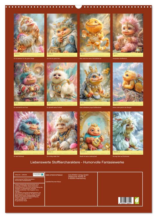 Produktbild: Liebenswerte Stofftiercharaktere - Humorvolle Fantasiewerke (Wandkalender 2027 DIN A2 hoch), CALVENDO Monatskalender