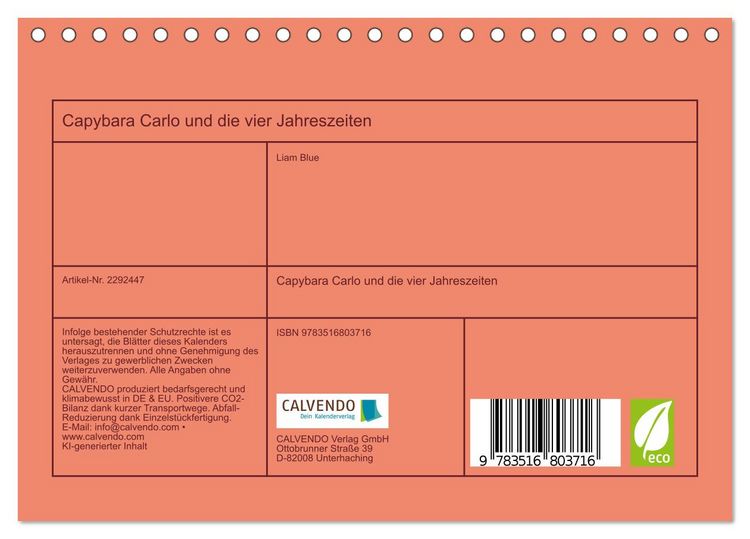 Produktbild: Capybara Carlo und die vier Jahreszeiten (Tischkalender 2027 DIN A5 quer), CALVENDO Monatskalender