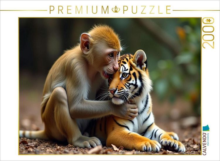 Produktbild: CALVENDO Puzzle &Auml;ffchen mit jungem Tiger | 2000 Teile Lege-Gr&ouml;&szlig;e 90x67cm Foto-Puzzle f&uuml;r gl&uuml;ckliche Stunden
