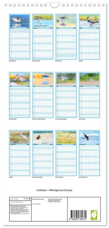 Produktbild: Familienplaner 2027 - Limikolen - Watv&ouml;gel aus Europa mit 5 Spalten (Wandkalender, 21 x 45 cm) CALVENDO