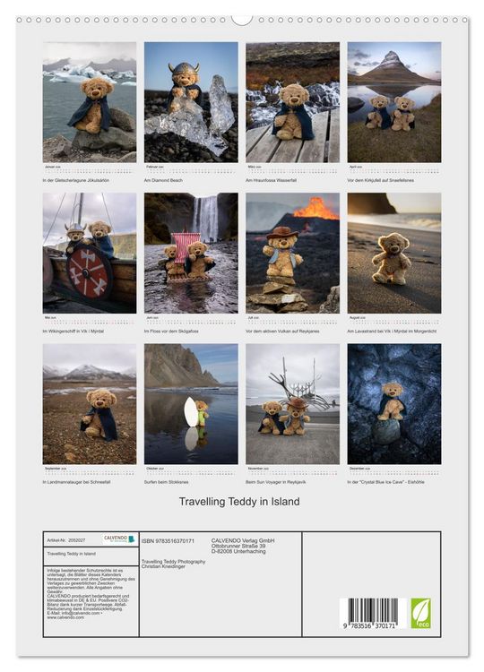 Produktbild: Travelling Teddy in Island (hochwertiger Premium Wandkalender 2026 DIN A2 hoch), Kunstdruck in Hochglanz