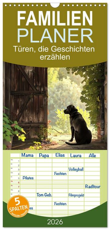 Produktbild: Familienplaner 2026 - T&uuml;ren, die Geschichten erz&auml;hlen mit 5 Spalten (Wandkalender, 21 x 45 cm) CALVENDO