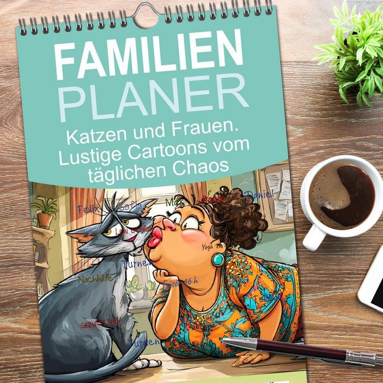 Produktbild: Familienplaner 2026 - Katzen und Frauen. Lustige Cartoons vom t&auml;glichen Chaos mit 5 Spalten (Wandkalender, 21 x 45 cm) CALVENDO