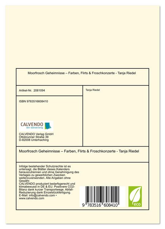 Produktbild: Moorfrosch Geheimnisse &ndash; Farben, Flirts & Froschkonzerte - Tanja Riedel (Tischkalender 2026 DIN A5 hoch), CALVENDO Monatskalender