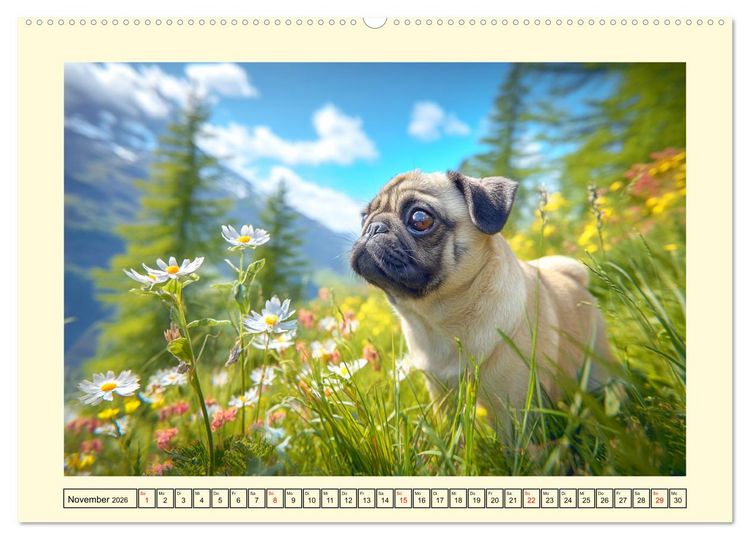 Produktbild: Mops trifft Berglust. Fidele Gipfelst&uuml;rmer im H&ouml;henrausch (hochwertiger Premium Wandkalender 2026 DIN A2 quer), Kunstdruck in Hochglanz