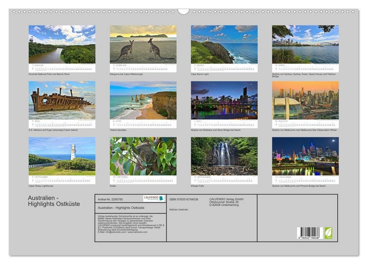 Produktbild: Australien - Highlights Ostk&uuml;ste (Wandkalender 2027 DIN A2 quer), CALVENDO Monatskalender