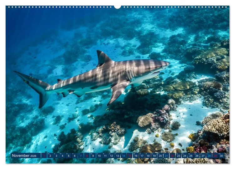 Produktbild: Hai Kalender - M&auml;chtige Haie der Ozeane und geheimnisvollen Unterwasserwelt (Wandkalender 2026 DIN A2 quer), CALVENDO Monatskalender