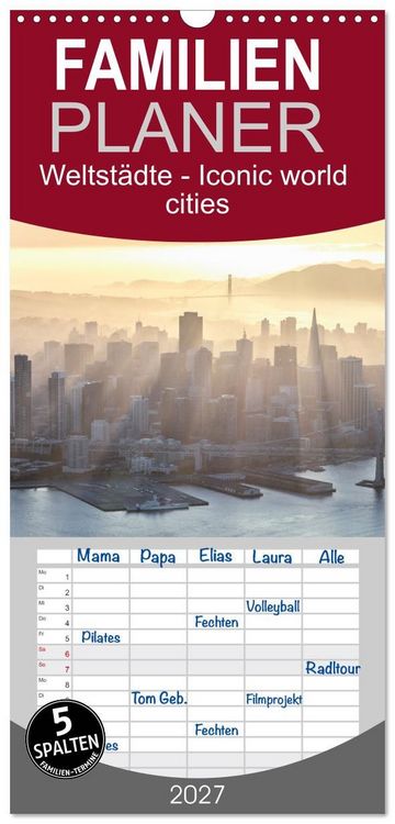 Produktbild: Familienplaner 2027 - Weltst&auml;dte - Iconic world cities mit 5 Spalten (Wandkalender, 21 x 45 cm) CALVENDO