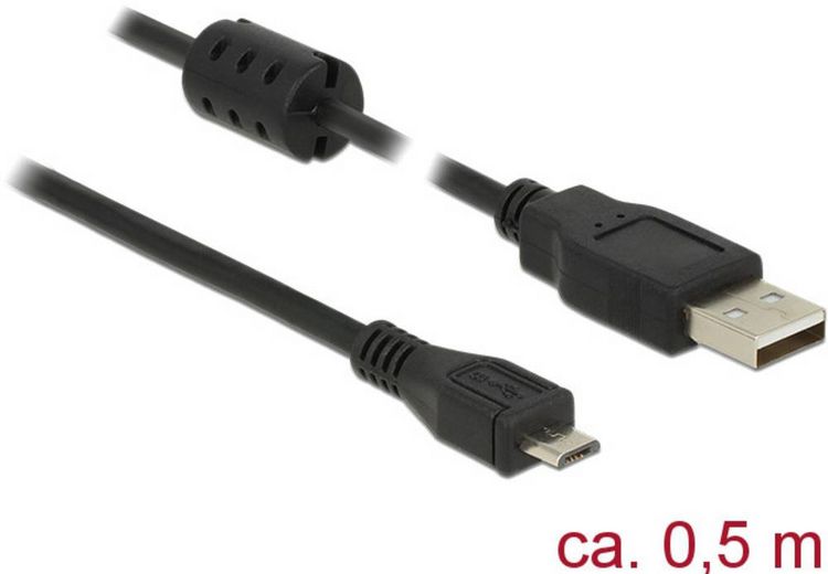 Produktbild: Delock USB-Kabel USB 2.0 USB-A Stecker, USB-Micro-B Stecker 0.50 m Schwarz mit Ferritkern 84900