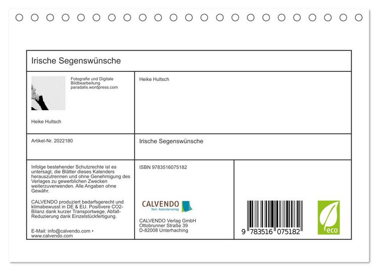 Produktbild: Irische Segensw&uuml;nsche (Tischkalender 2026 DIN A5 quer), CALVENDO Monatskalender