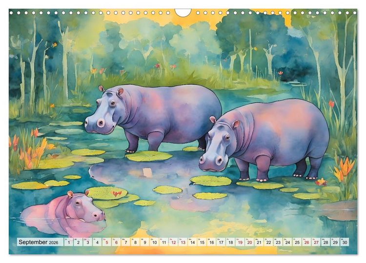 Produktbild: Hippos bekennen Farbe - kunterbunter Nilpferdspa&szlig; (Wandkalender 2026 DIN A3 quer), CALVENDO Monatskalender