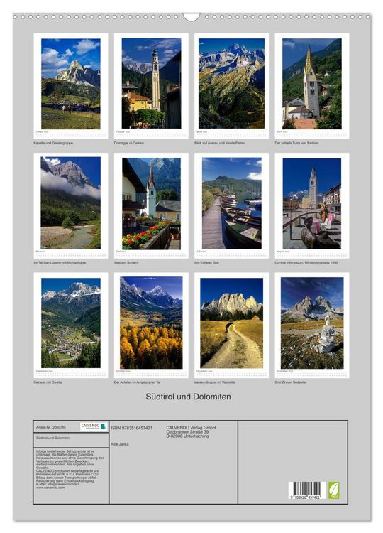 Produktbild: S&uuml;dtirol und Dolomiten (Wandkalender 2026 DIN A2 hoch), CALVENDO Monatskalender