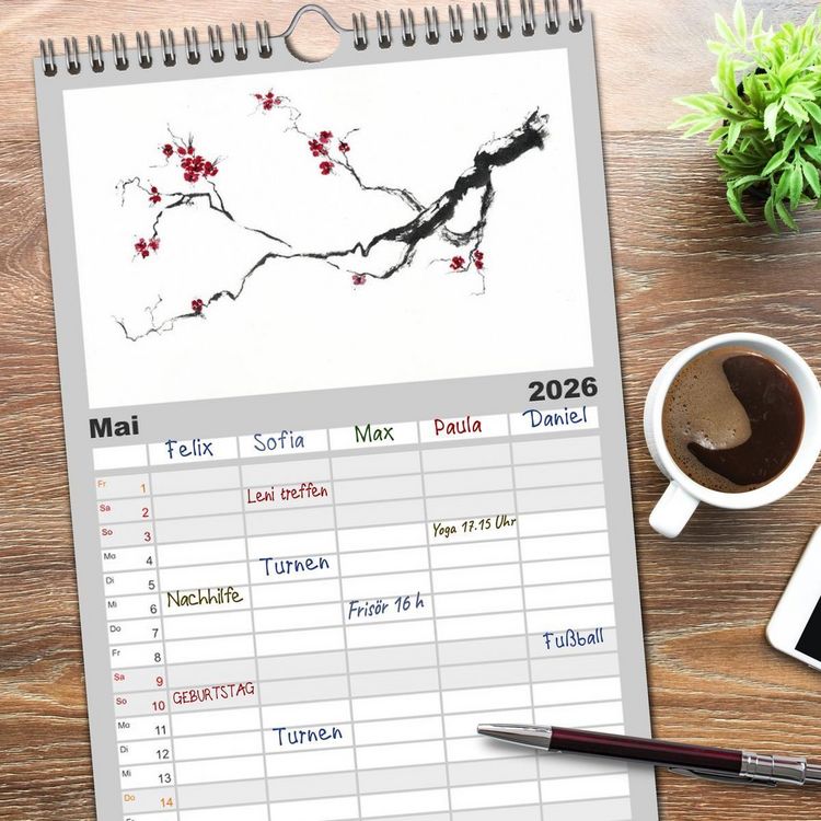 Produktbild: Familienplaner 2026 - Asiatische Tuschmalerei mit 5 Spalten (Wandkalender, 21 x 45 cm) CALVENDO