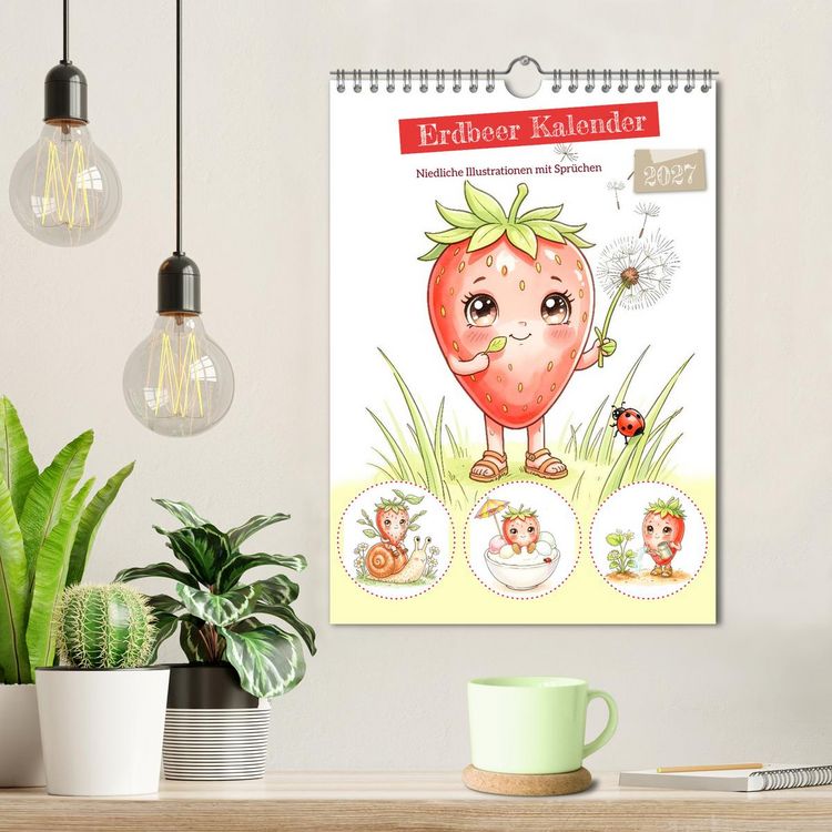 Produktbild: Erdbeer Kalender - Niedliche Illustrationen mit Spr&uuml;chen (Wandkalender 2027 DIN A4 hoch), CALVENDO Monatskalender