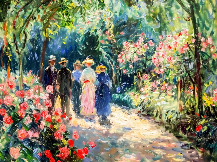 Produktbild: CALVENDO Puzzle Impressionistische Spazierg&auml;nger im bl&uuml;henden Rosengarten | 2000 Teile Lege-Gr&ouml;&szlig;e 90x67cm Foto-Puzzle f&uuml;r gl&uuml;ckliche Stunden