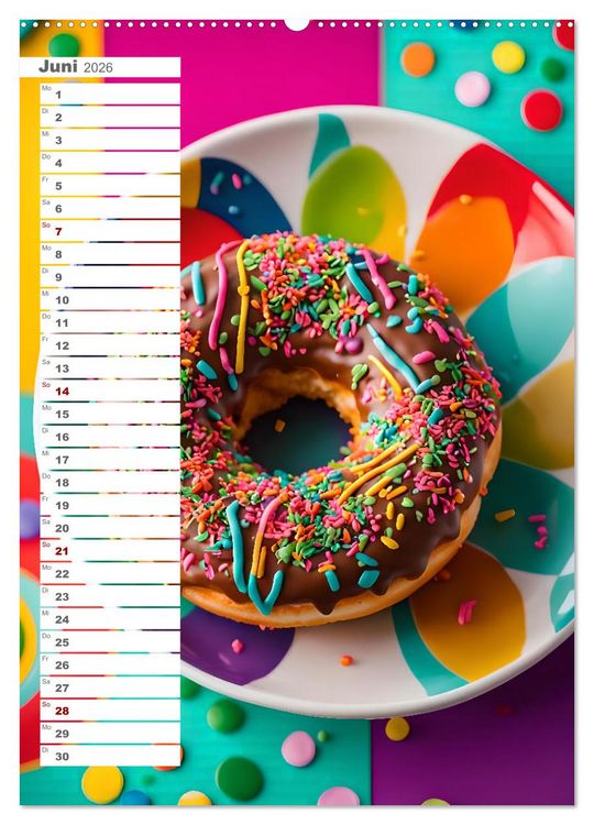 Produktbild: Donuts and Birthdays, s&uuml;&szlig;er Geburtstagskalender mit bunte KI Donuts (hochwertiger Premium Wandkalender 2026 DIN A2 hoch), Kunstdruck in Hochglanz