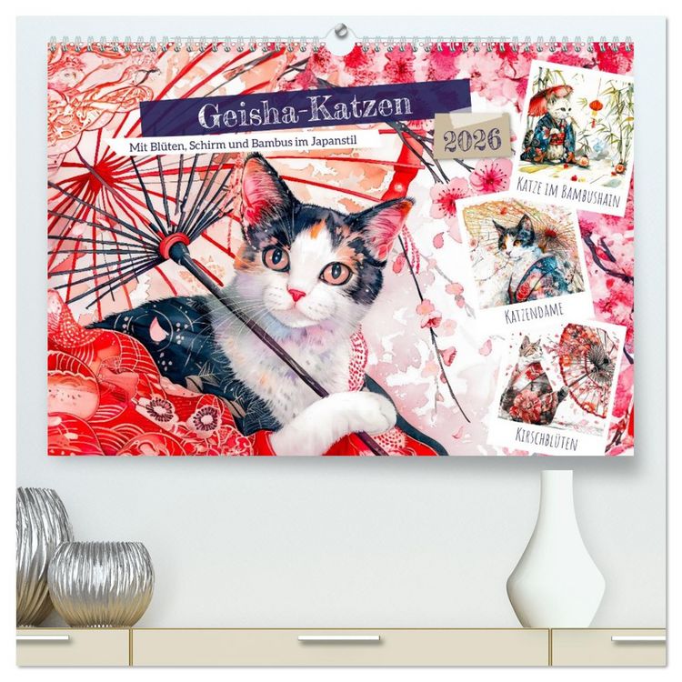 Produktbild: Geisha-Katzen - Mit Bl&uuml;ten, Schirm und Bambus im Japanstil (hochwertiger Premium Wandkalender 2026 DIN A2 quer), Kunstdruck in Hochglanz