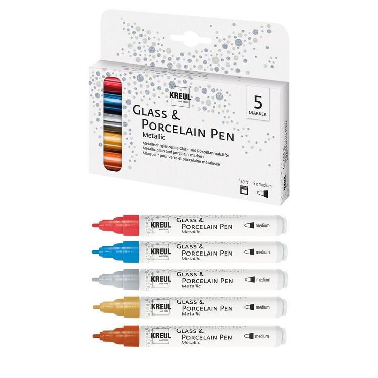 Produktbild: KREUL Glass & Porcelain Pen Metallic medium 2-4mm 5 St&uuml;ck Kartonetui