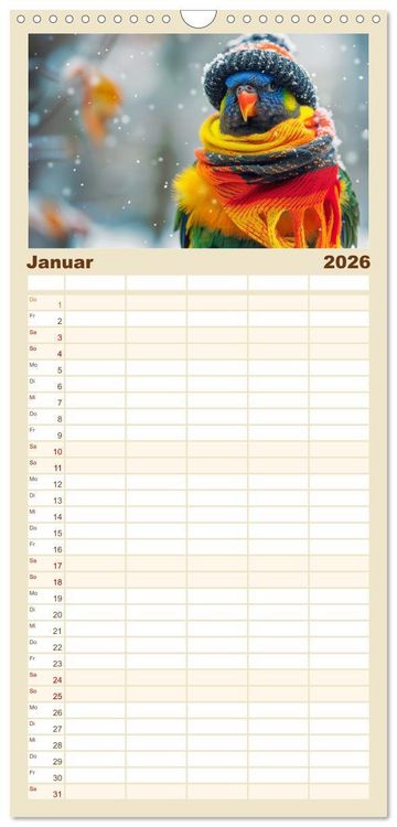 Produktbild: Familienplaner 2026 - Niedliche V&ouml;gel! Trendige Schnabelstars erobern die Modewelt mit 5 Spalten (Wandkalender, 21 x 45 cm) CALVENDO