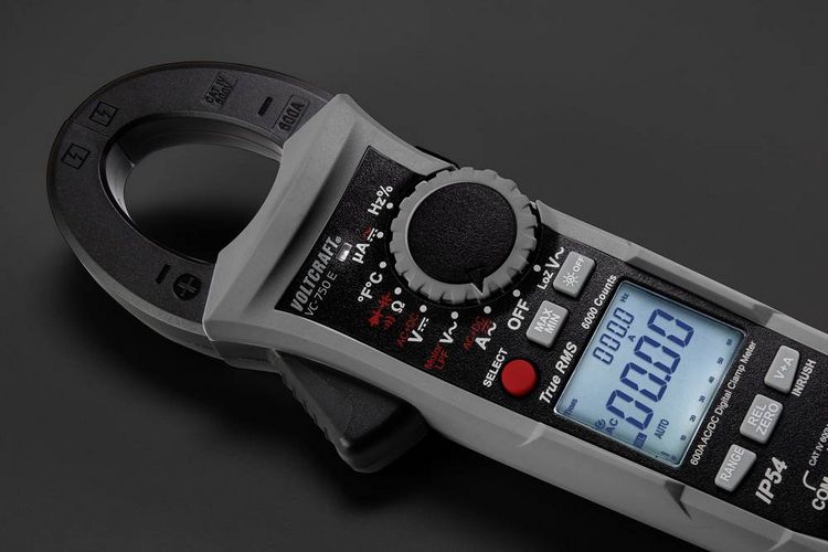 Produktbild: VOLTCRAFT VC-750 E Stromzange, Hand-Multimeter digital Spritzwassergesch&uuml;tzt (IP54) CAT IV 600 V Anzeige (Counts): 6000