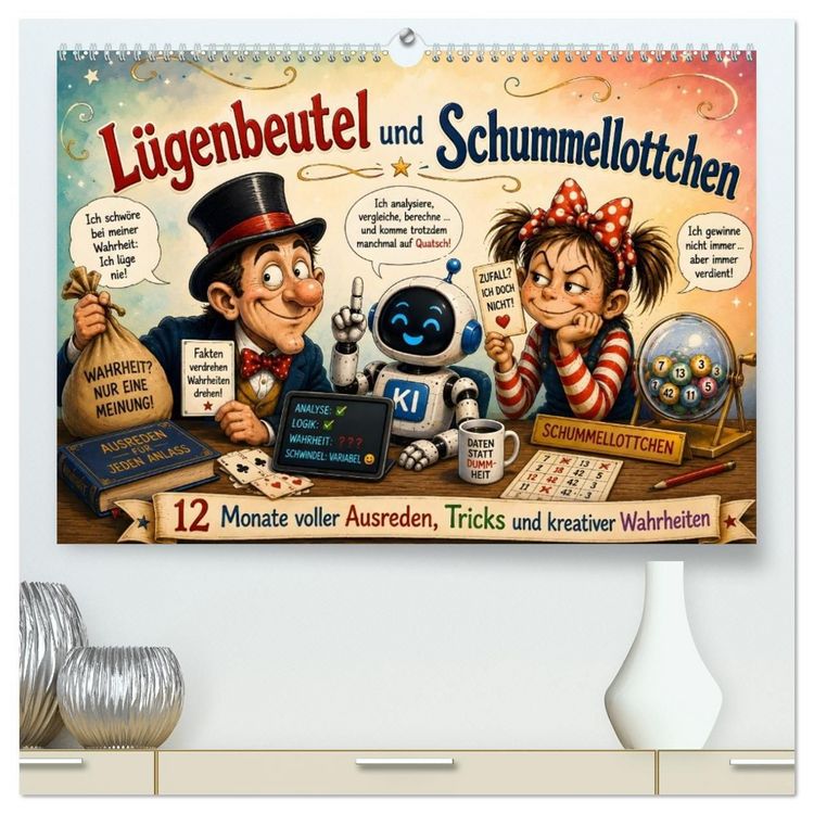 Produktbild: L&uuml;genbeutel und Schummellottchen - 12 Monate voller Ausreden, Tricks und kreativer Wahrheiten (hochwertiger Premium Wandkalender 2027 DIN A2 quer), Kunstdruck in Hochglanz