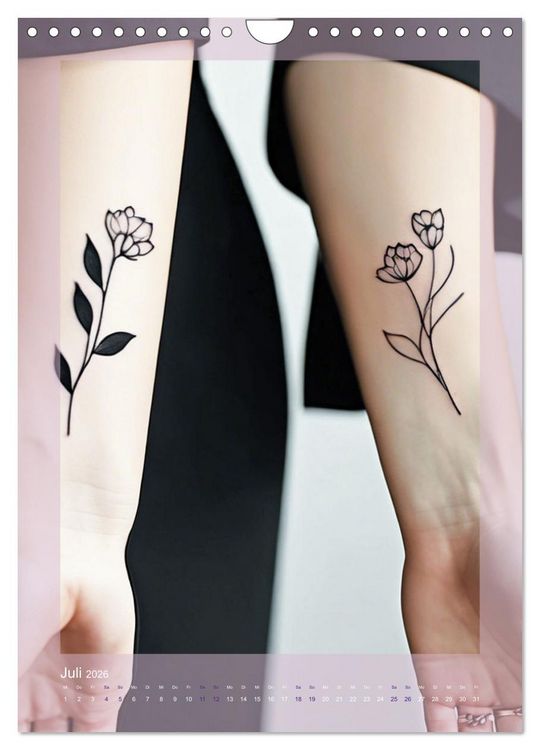 Produktbild: Florale Tattoos Stilvoll und minimalistisch (Wandkalender 2026 DIN A4 hoch), CALVENDO Monatskalender