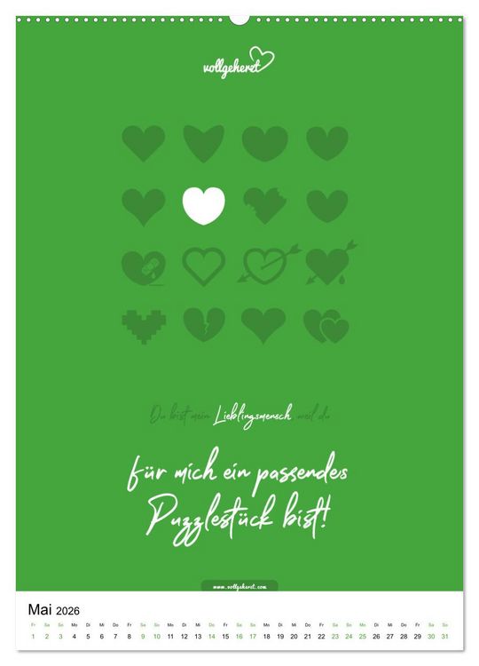 Produktbild: vollgeherzt: Lieblingsmensch-Kalender - Der Wandkalender als Geschenk f&uuml;r ganz besondere Menschen (Wandkalender 2026 DIN A2 hoch), CALVENDO Monatskalender