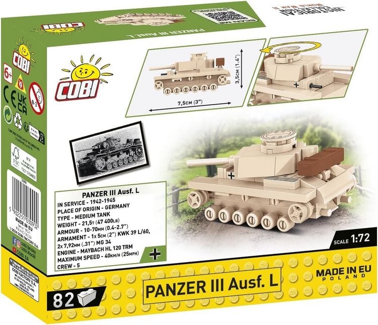 Produktbild: COBI Historical Collection 3090 - Panzer III Ausf.L, WWII, 1:72 Bausatz, 82 Klemmbausteine