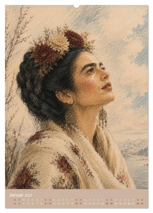 Produktbild: Freude im Haar. Leid im Herzen. Eine Hommage an Frida Kahlo (hochwertiger Premium Wandkalender 2027 DIN A2 hoch), Kunstdruck in Hochglanz