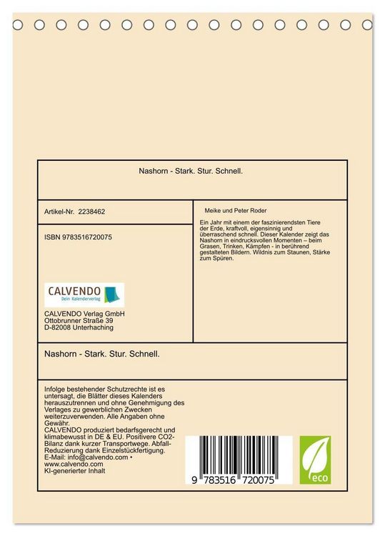 Produktbild: Nashorn - Stark. Stur. Schnell. (Tischkalender 2026 DIN A5 hoch), CALVENDO Monatskalender