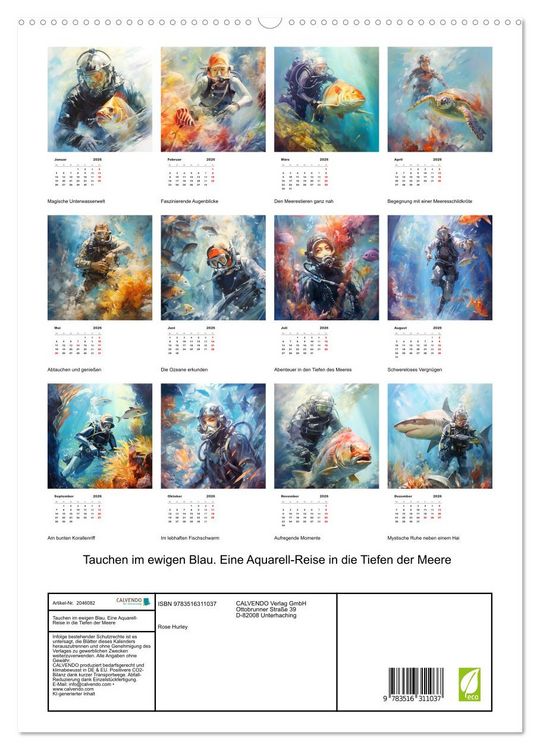 Produktbild: Tauchen im ewigen Blau. Eine Aquarell-Reise in die Tiefen der Meere (hochwertiger Premium Wandkalender 2026 DIN A2 hoch), Kunstdruck in Hochglanz