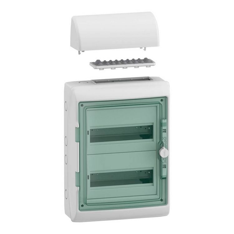 Produktbild: Schneider Electric 13433DE Mureva Feuchtraumverteiler Aufputz Anzahl Teilungen = 24 Anzahl Reihen = 2 Inhalt 1 St.