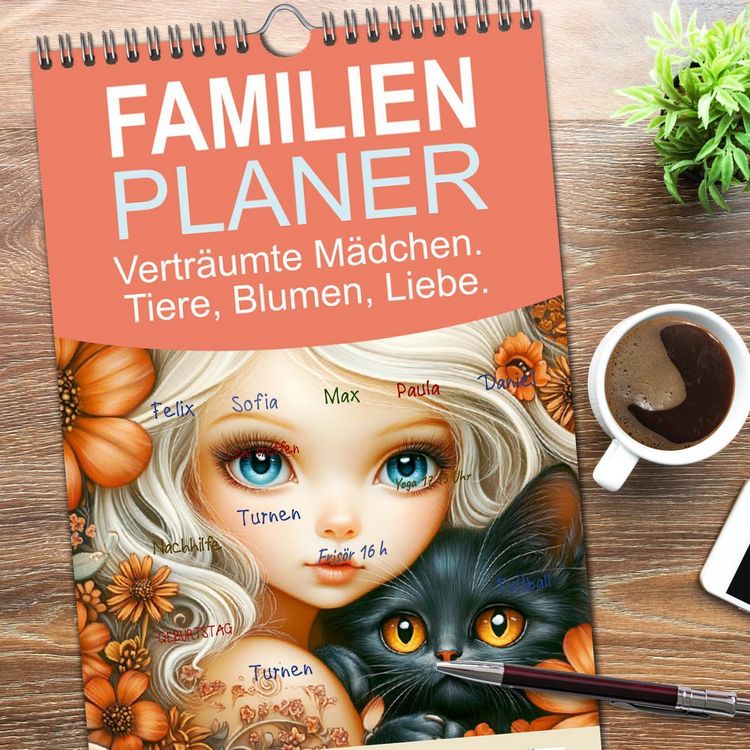 Produktbild: Familienplaner 2026 - Vertr&auml;umte M&auml;dchen. Tiere, Blumen, Liebe. mit 5 Spalten (Wandkalender, 21 x 45 cm) CALVENDO