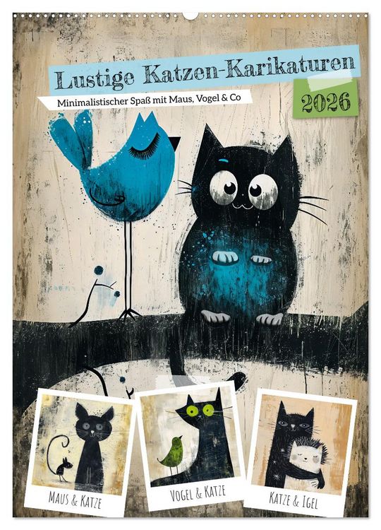 Produktbild: Lustige Katzen-Karikaturen - Minimalistischer Spa&szlig; mit Maus, Vogel und Co (Wandkalender 2026 DIN A2 hoch), CALVENDO Monatskalender