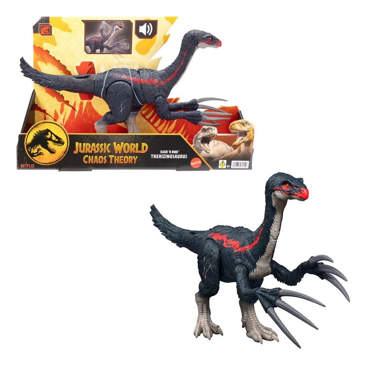 Produktbild: Jurassic World Attacke und Brüllgeräusche Therizinosaurus Dinosaurierfigur, Spielzeug mit Angriffsfunktionen und Geräuscheffekten, Chaostheorie
