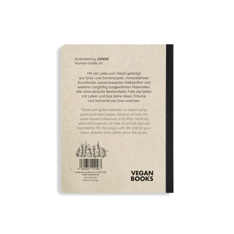 Produktbild: Notizbuch A6 blanko aus Graspapier mit Samenpapier-Cover &ndash; Samenbuch &ndash; Farbe: Orange &ndash; matabooks