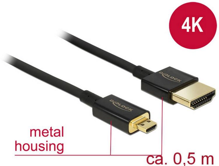 Produktbild: Delock HDMI Anschlusskabel HDMI-A Stecker, HDMI-Micro-D Stecker 0.50 m Schwarz 84788 4K UHD, vergoldete Steckkontakte HDMI-Kabel