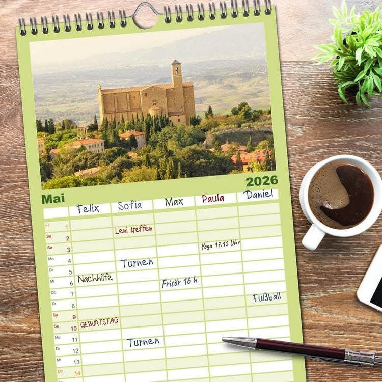 Produktbild: Familienplaner 2026 - Toskana. Livorno - Volterra - Piombino mit 5 Spalten (Wandkalender, 21 x 45 cm) CALVENDO