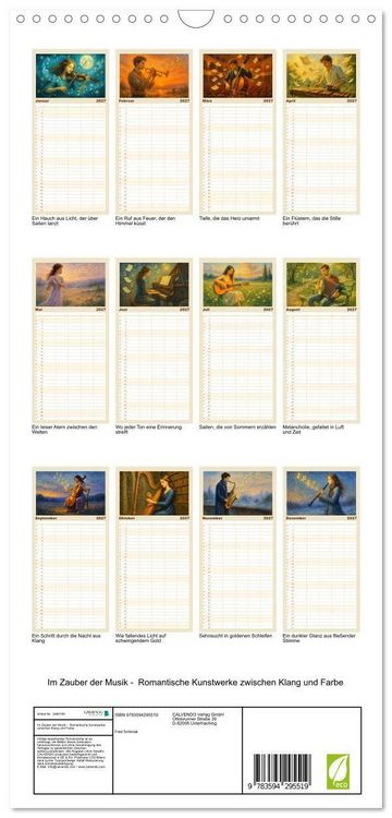 Produktbild: Familienplaner 2027 - Im Zauber der Musik - Romantische Kunstwerke zwischen Klang und Farbe mit 5 Spalten (Wandkalender, 21 x 45 cm) CALVENDO