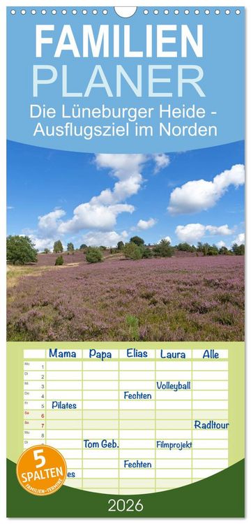 Produktbild: Familienplaner 2026 - Die L&uuml;neburger Heide - Ausflugsziel im Norden mit 5 Spalten (Wandkalender, 21 x 45 cm) CALVENDO