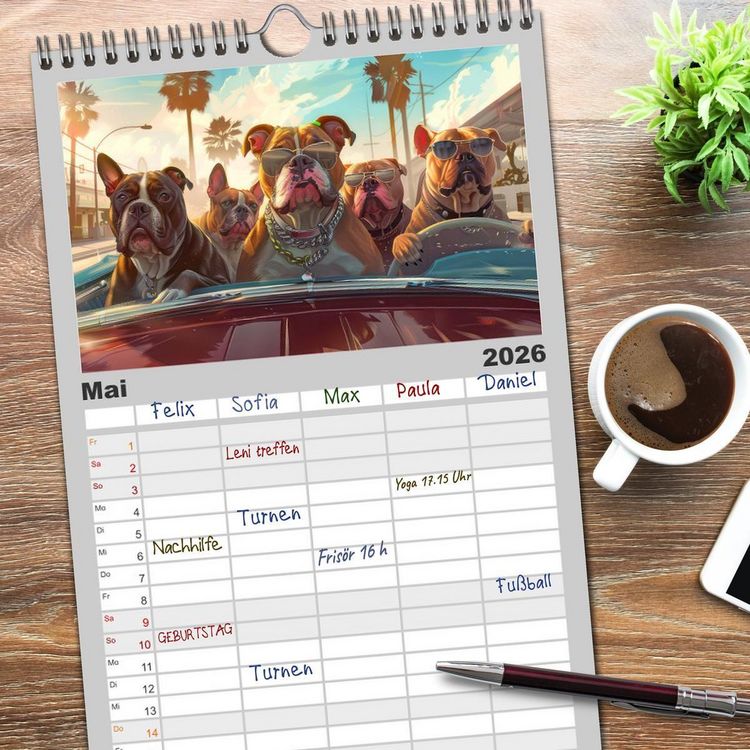 Produktbild: Familienplaner 2026 - Gangsterhunde - KI-Bilder mit 5 Spalten (Wandkalender, 21 x 45 cm) CALVENDO