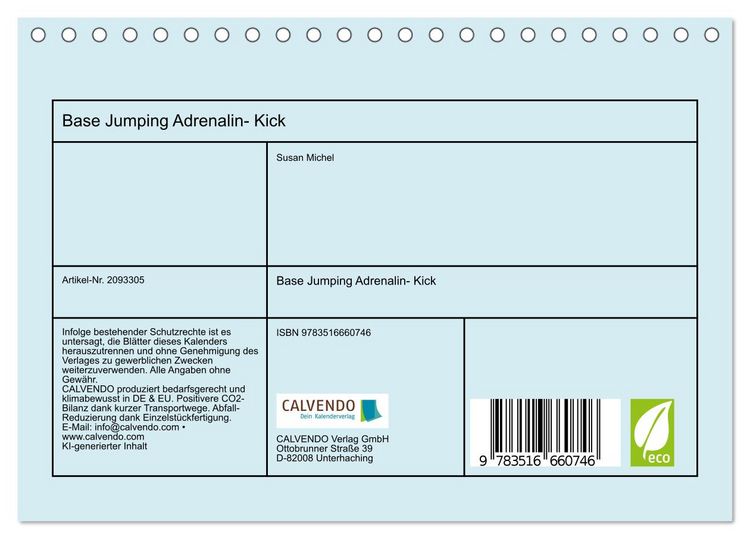 Produktbild: Base Jumping Adrenalin- Kick (Tischkalender 2026 DIN A5 quer), CALVENDO Monatskalender