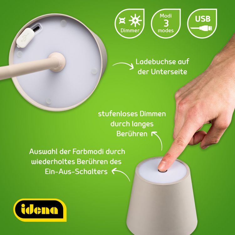Produktbild: Idena LED Tischleuchte Touch Metall beige 11x24/38cm Akku USB dimmbar 3 Modi Innen und Au&szlig;en
