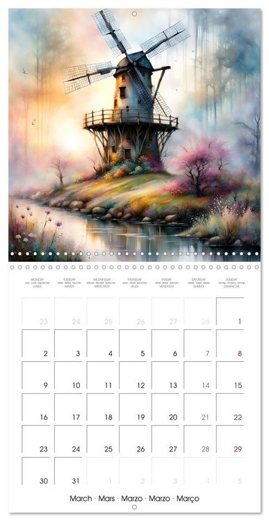 Produktbild: Moulins &agrave; vent Du printemps &agrave; l'hiver (Calendrier mural carr&eacute; 2026 30x30 cm) Calendrier double avec une page pour vos prises de notes