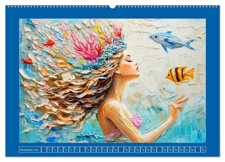 Produktbild: Meerjungfrauen. Zauberhafte Illustrationen im &Ouml;lgem&auml;lde-Stil (hochwertiger Premium Wandkalender 2026 DIN A2 quer), Kunstdruck in Hochglanz