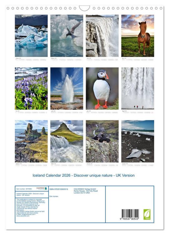 Produktbild: Iceland Calendar 2026 - Discover unique nature - UK Version (Wall Calendar 2026 DIN A3 portrait), CALVENDO 12 Month Wall Calendar