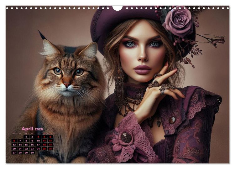 Produktbild: Luxuri&ouml;ser Bohemian Flair - Elegante Frauen mit anmutigen Katzen (Wandkalender 2026 DIN A3 quer), CALVENDO Monatskalender