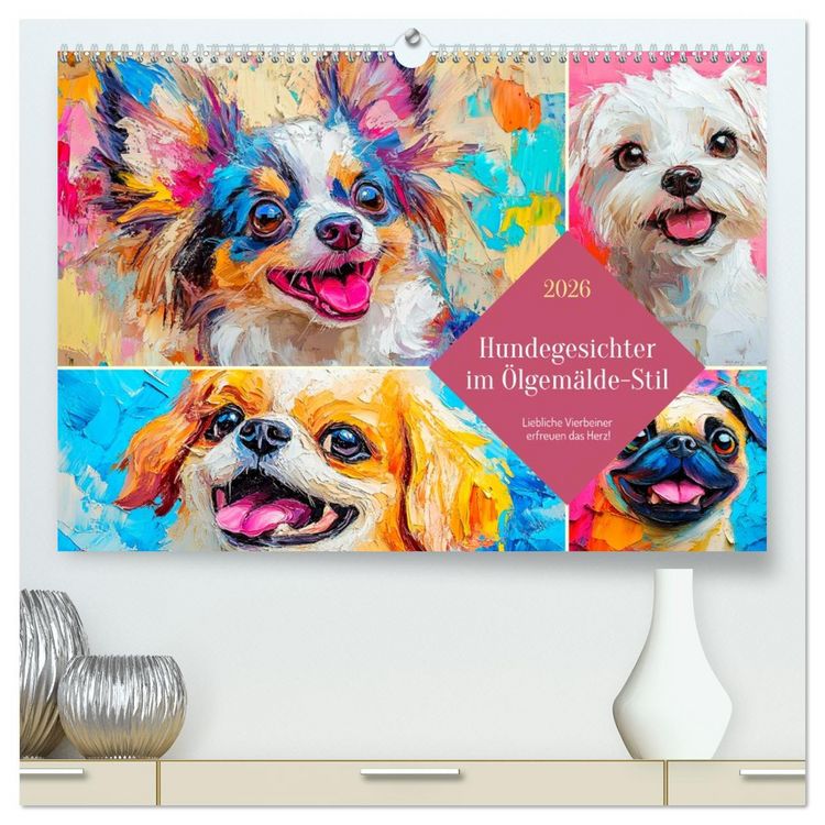 Produktbild: Hundegesichter im &Ouml;lgem&auml;lde-Stil. Liebliche Vierbeiner erfreuen das Herz! (hochwertiger Premium Wandkalender 2026 DIN A2 quer), Kunstdruck in Hochglanz