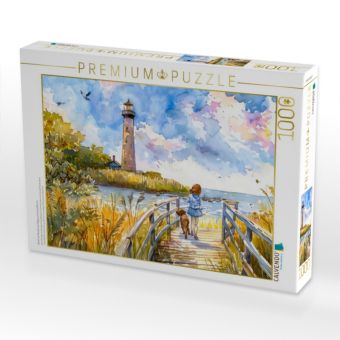 Produktbild: CALVENDO Puzzle Kind mit Hunde am Steg zum Leuchtturm | 1000 Teile Lege-Gr&ouml;&szlig;e 64x48cm Foto-Puzzle f&uuml;r gl&uuml;ckliche Stunden